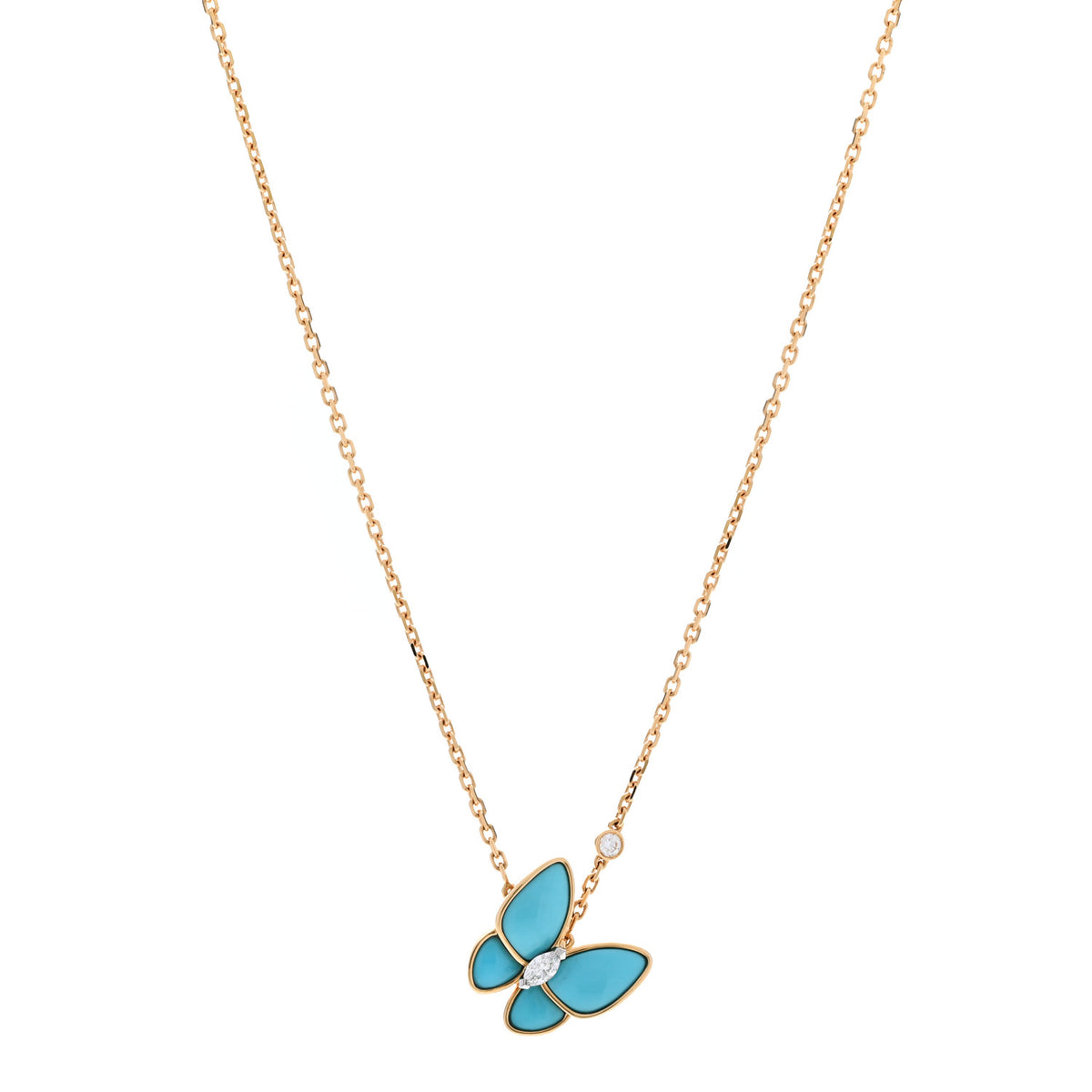 18K Yellow Gold Diamond Turquoise Two Butterfly Pendant Necklace