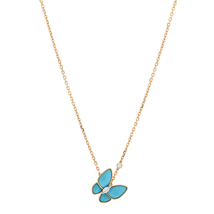 Van Cleef & Arpels 18K Yellow Gold Diamond Turquoise Two Butterfly Pendant Necklace 1 of 6