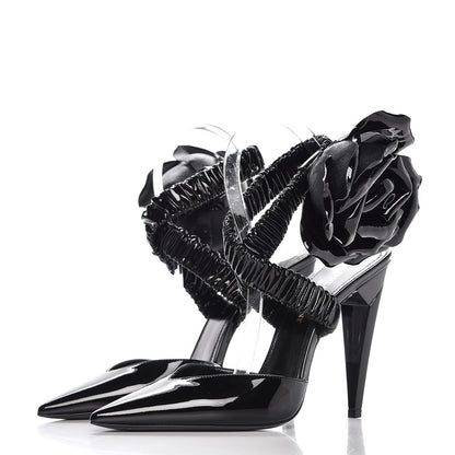 Saint Laurent Patent Freja 105 Flower Ankle Pumps 36 Black 3 of 12