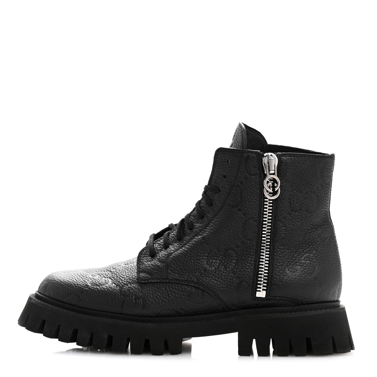 Gucci Calfskin Embossed Monogram Lace Up Ankle Boots 40.5 Black 1 of 8