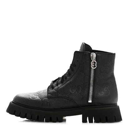 Gucci Calfskin Embossed Monogram Lace Up Ankle Boots 40.5 Black 1 of 8