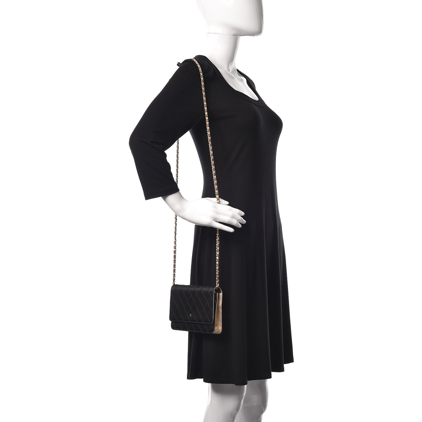 Satin Diamond Stitch Wallet On Chain WOC Black Gold