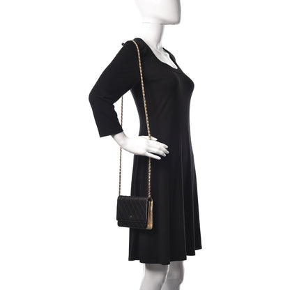 Chanel Satin Diamond Stitch Wallet On Chain WOC Black Gold 2 of 11