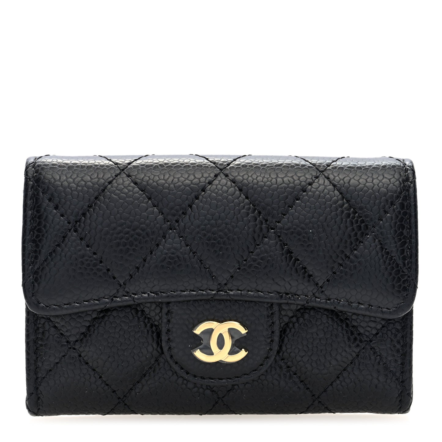Caviar Quilted Flap Card Holder Wallet Black
