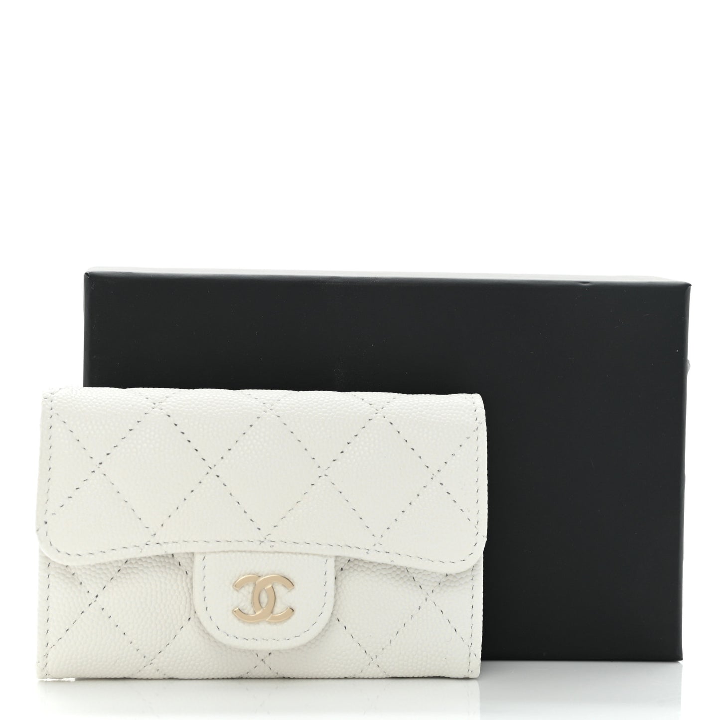 Caviar Quilted Flap Card Holder Wallet White