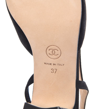 Chanel Kid Suede Metallic Lambskin Cap Toe CC Slingback Pumps 37 Black Silver 6 of 9