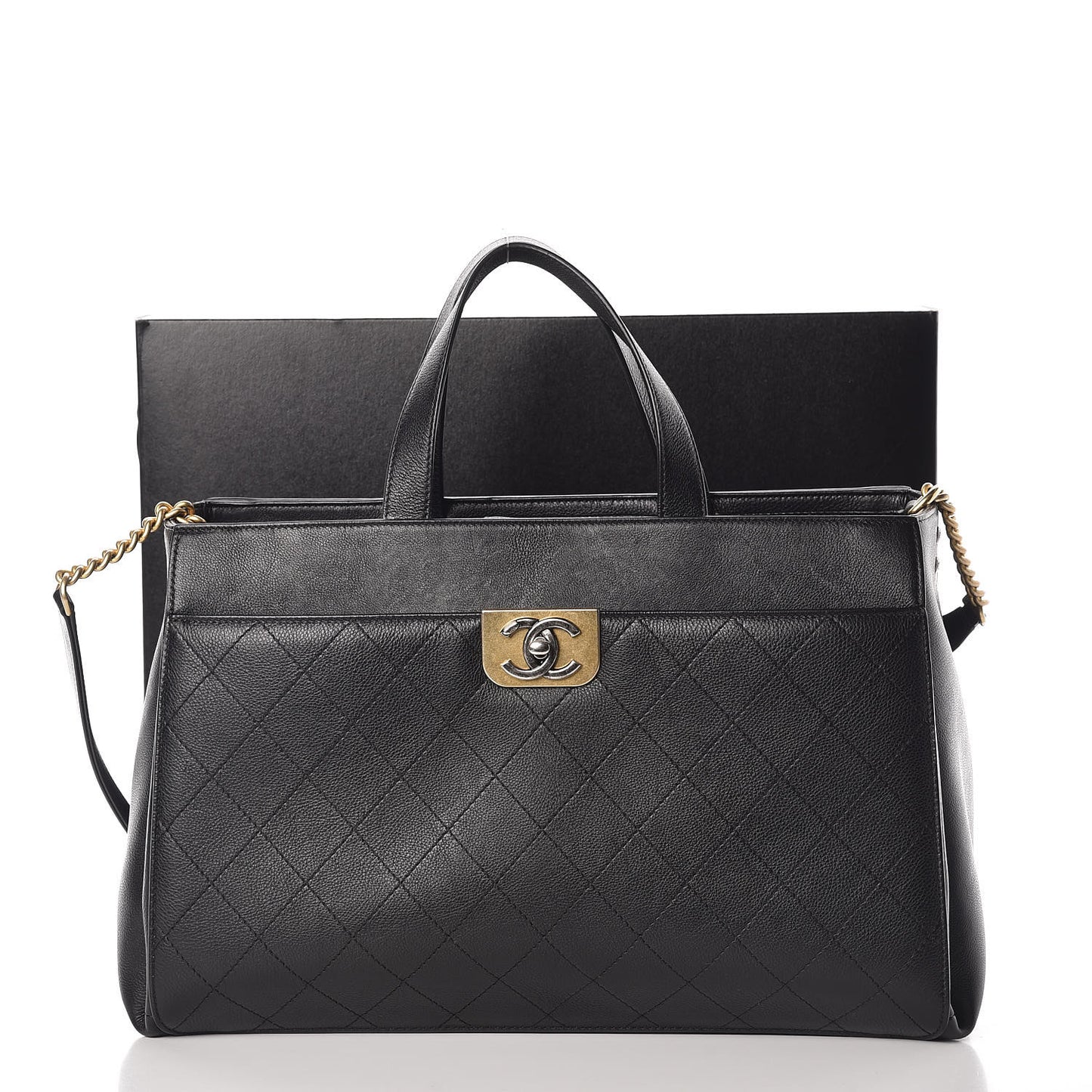 Calfskin Stitched Large Straight Lines Shopping Tote Black