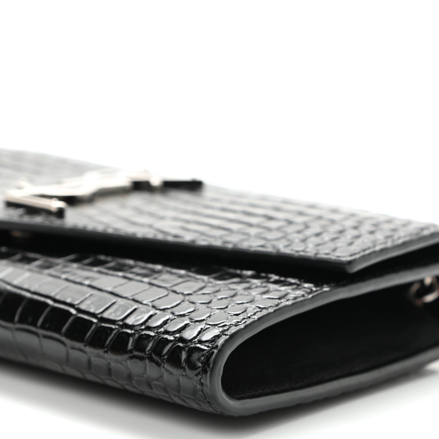 Calfskin Crocodile Embossed Monogram Uptown Chain Wallet Black
