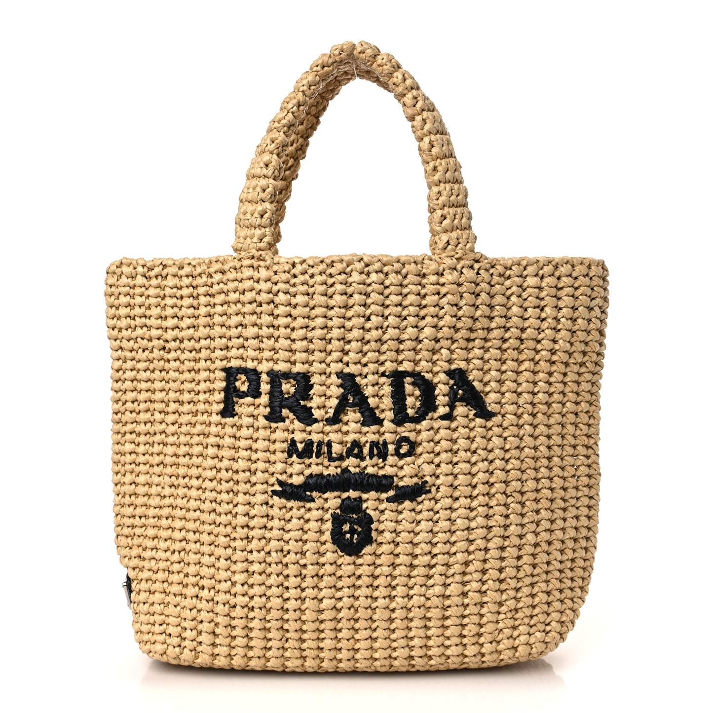 Yarn Raffia Effect Crochet Embroidered Small Logo Tote Naturale
