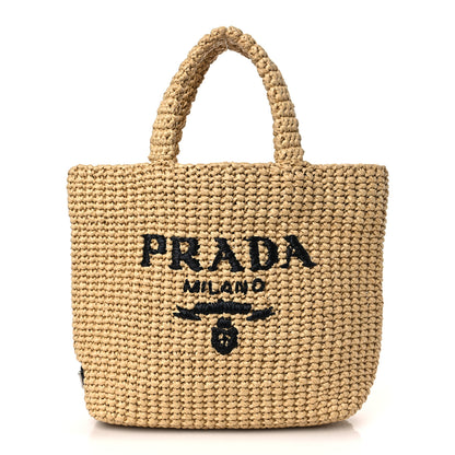 Prada Yarn Raffia Effect Crochet Embroidered Small Logo Tote Naturale 1 of 8