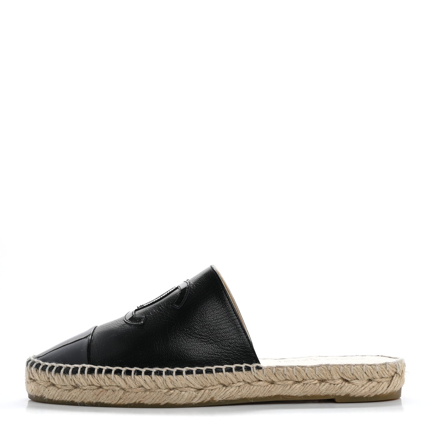 Iridescent Goatskin Patent CC Espadrille Mules 38 Black