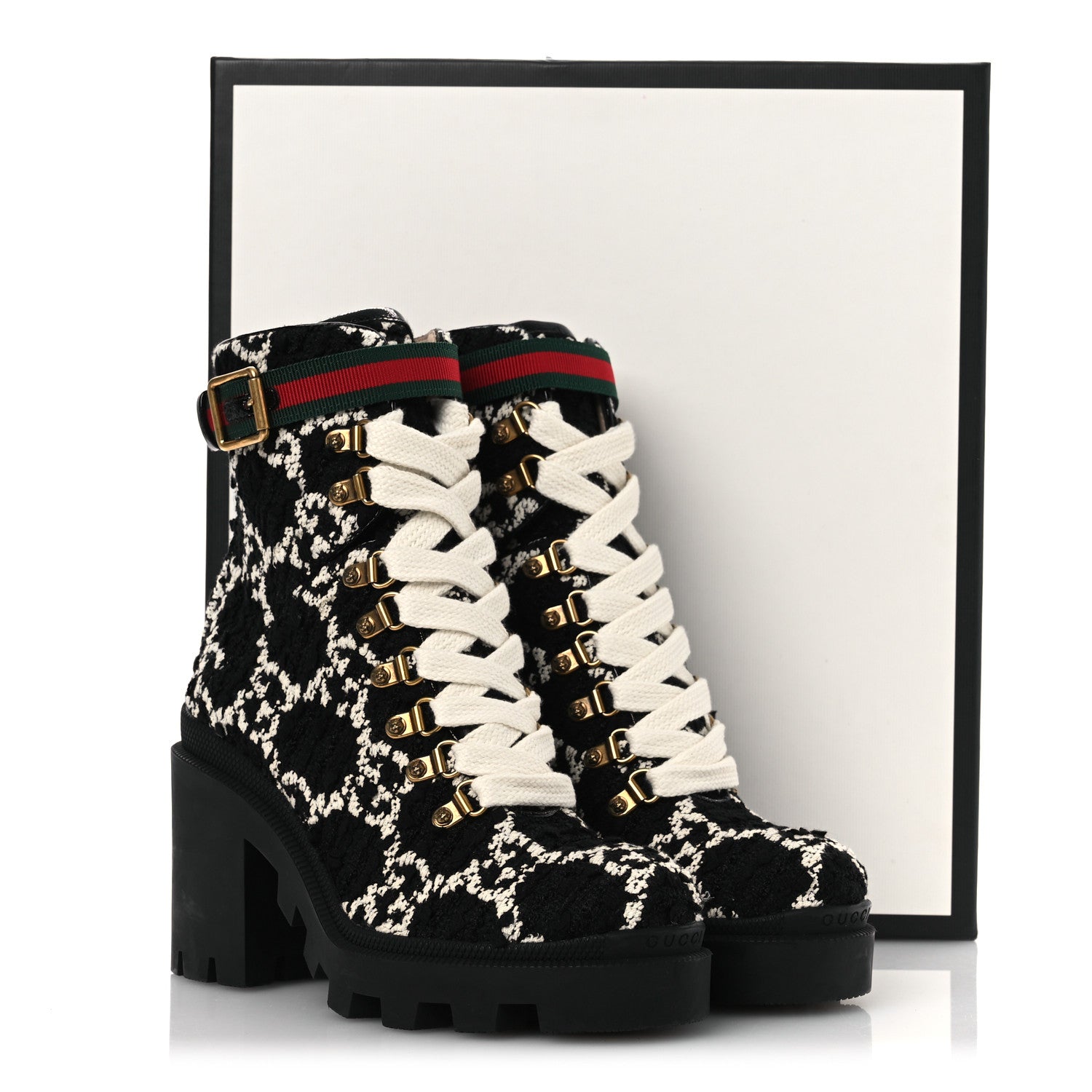 Gucci Tweed GG Monogram Lace Up Combat Ankle Boots 36 Black