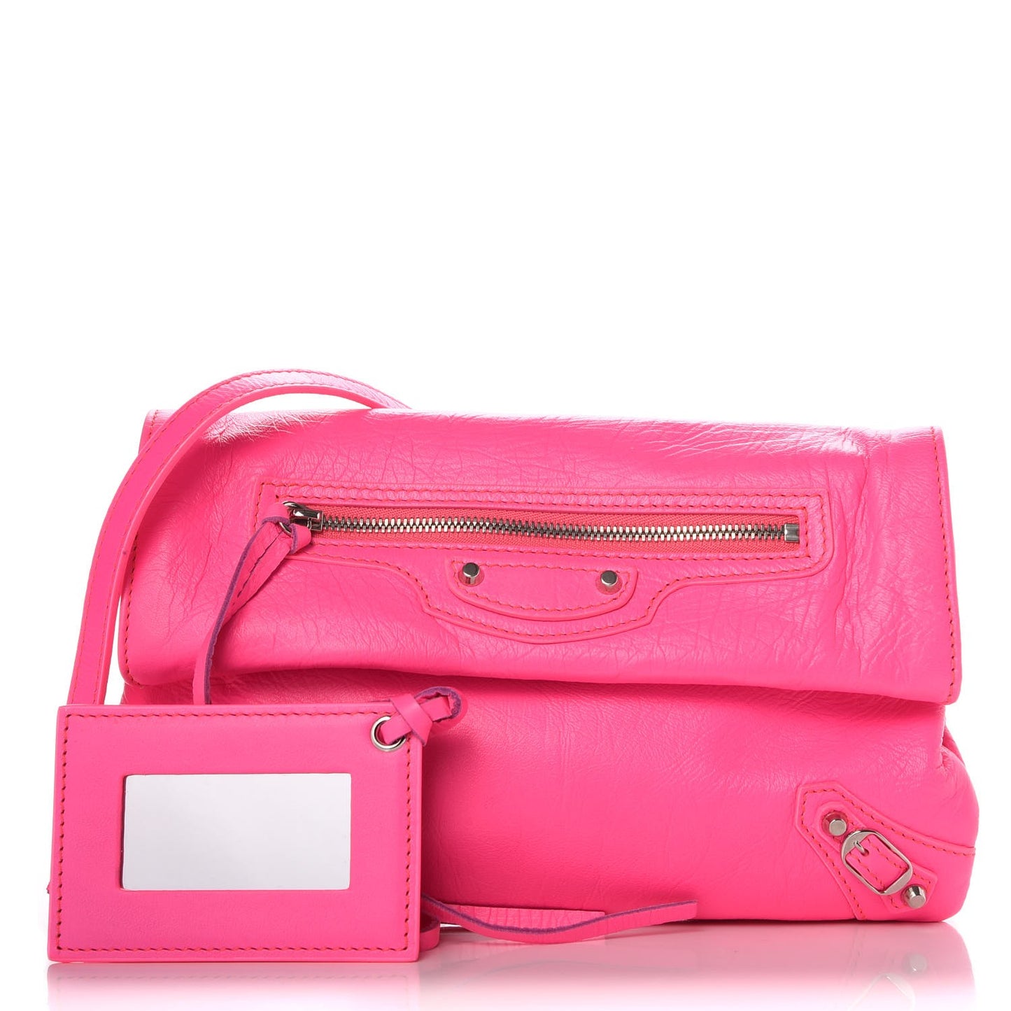 Agneau Classic Silver Hardware Mini Envelope Strap Clutch Rose Fluo