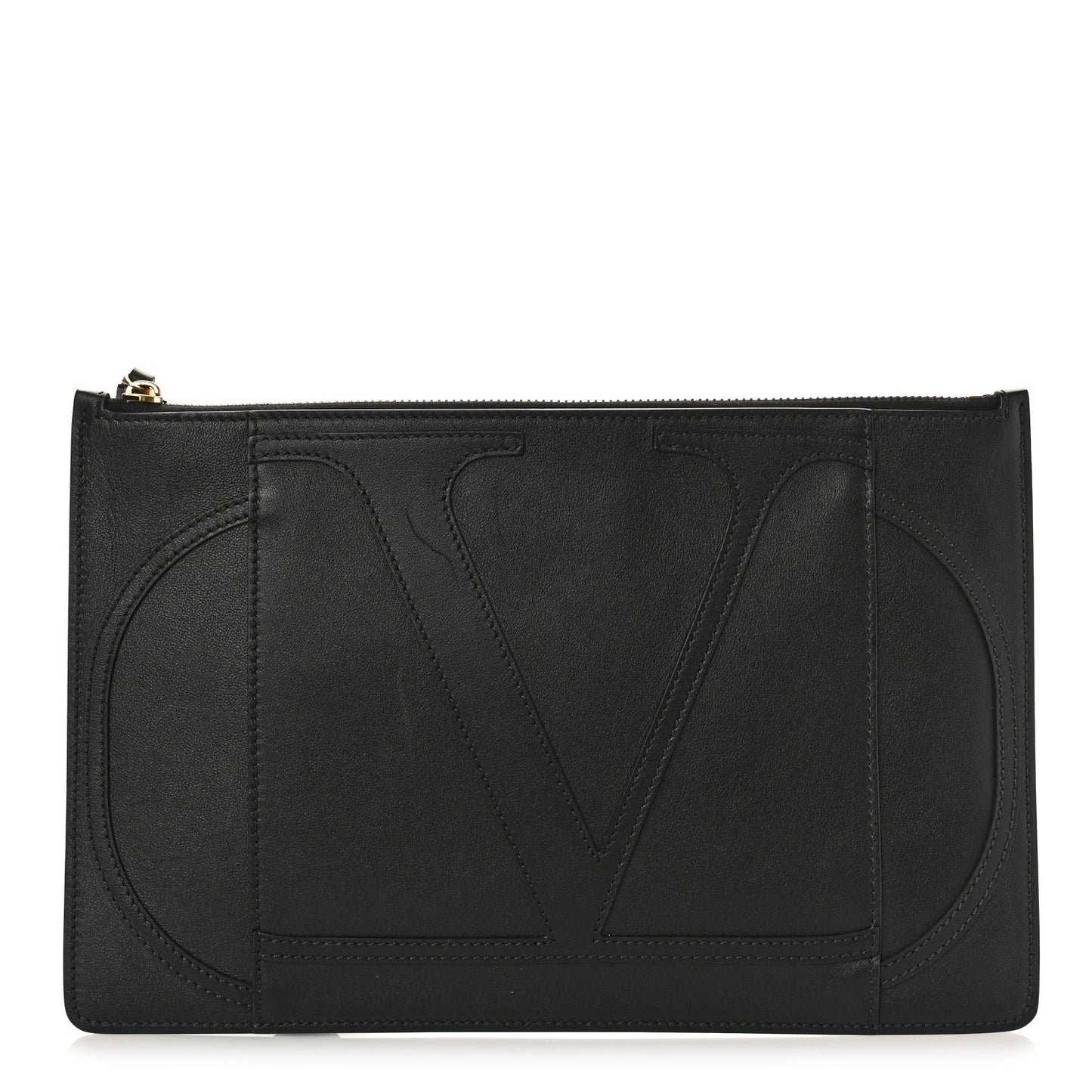 Calfskin VLogo Stitched Inlay Zip Pouch Black