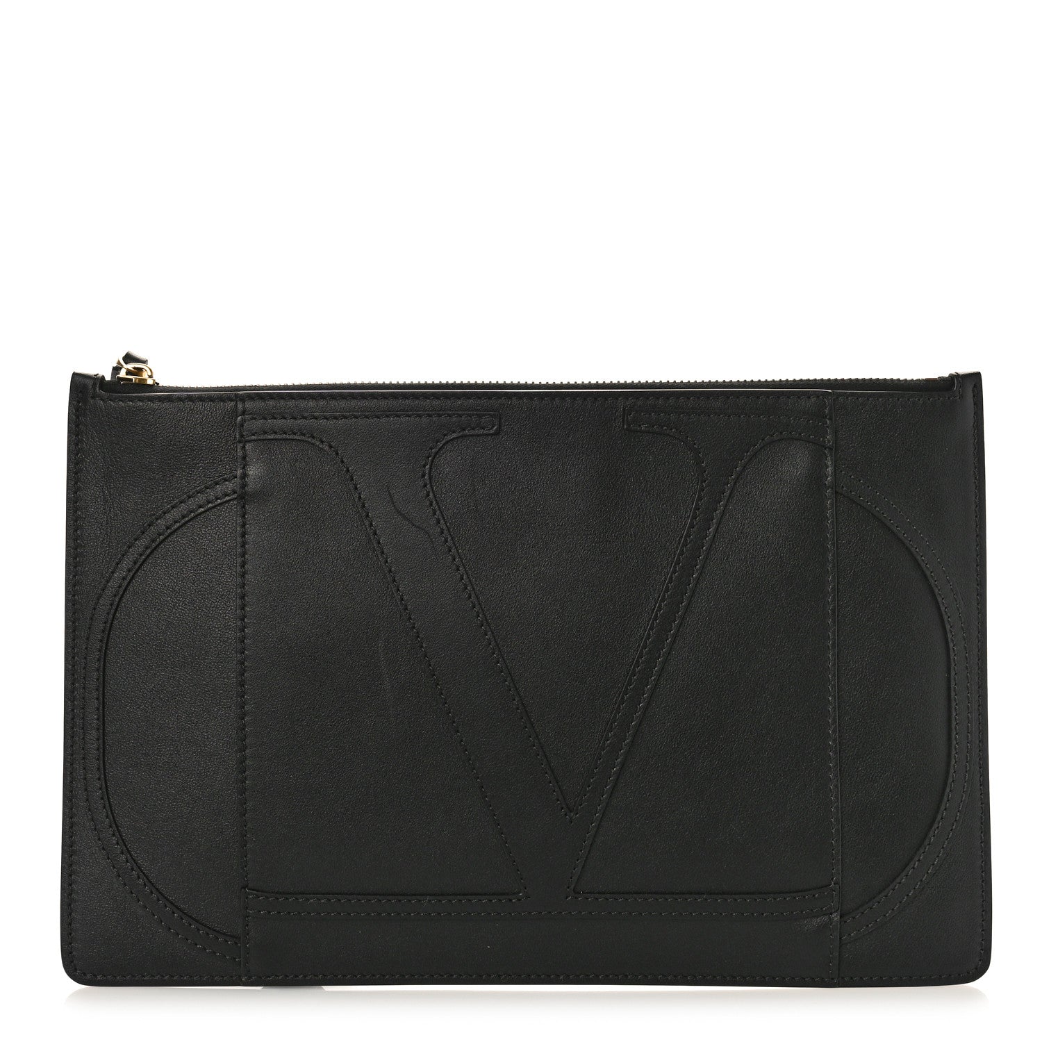 Valentino Garavani Calfskin VLogo Stitched Inlay Zip Pouch Black 1 of 8