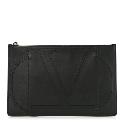Valentino Garavani Calfskin VLogo Stitched Inlay Zip Pouch Black 1 of 8