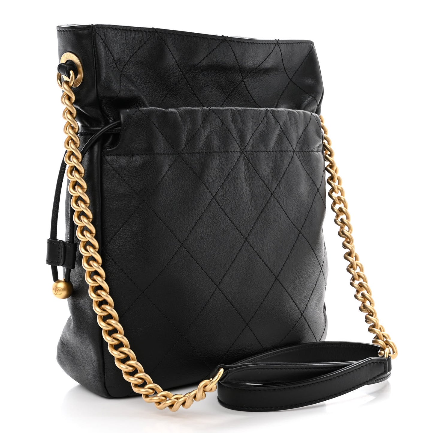 Calfskin Quilted Drawstring Bucket Bag Black
