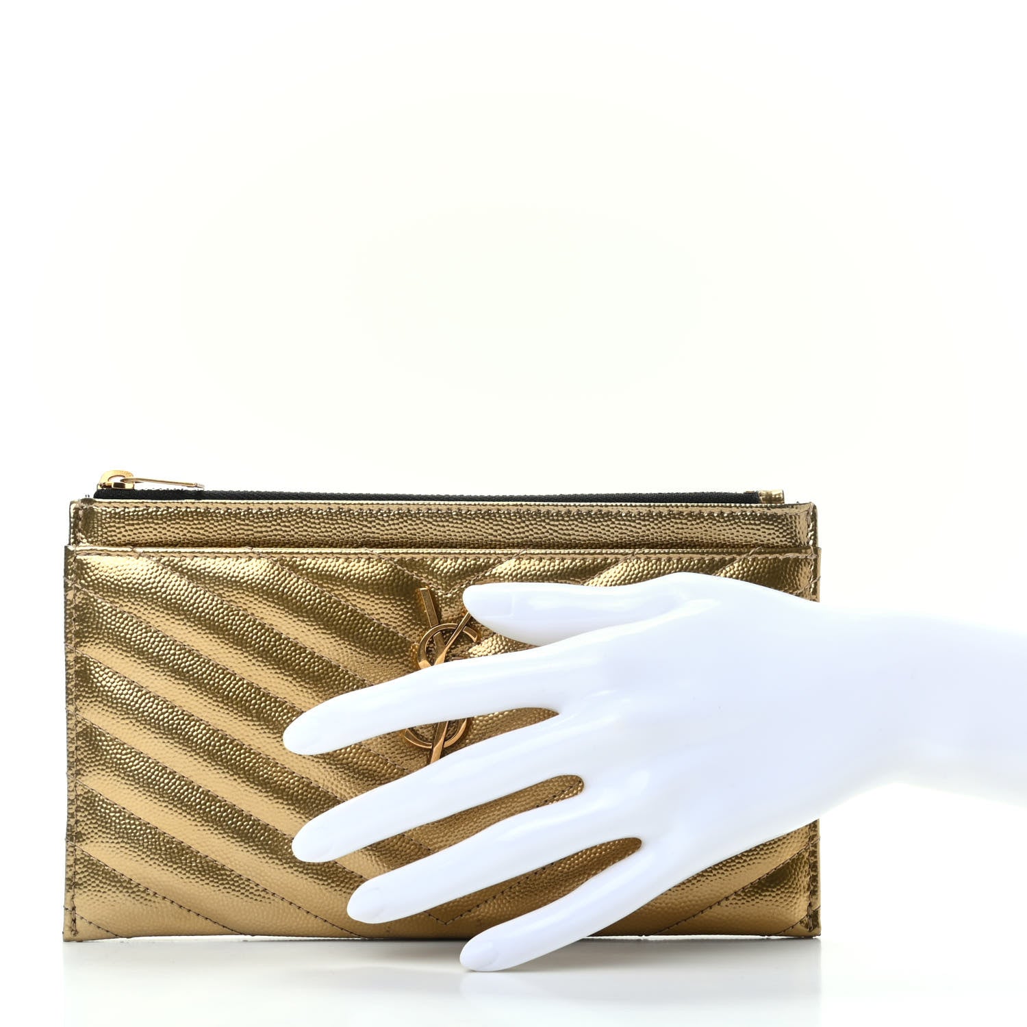 Saint Laurent Iridescent Grain De Poudre Matelasse Chevron Monogram Bill Pouch Gold 2 of 8