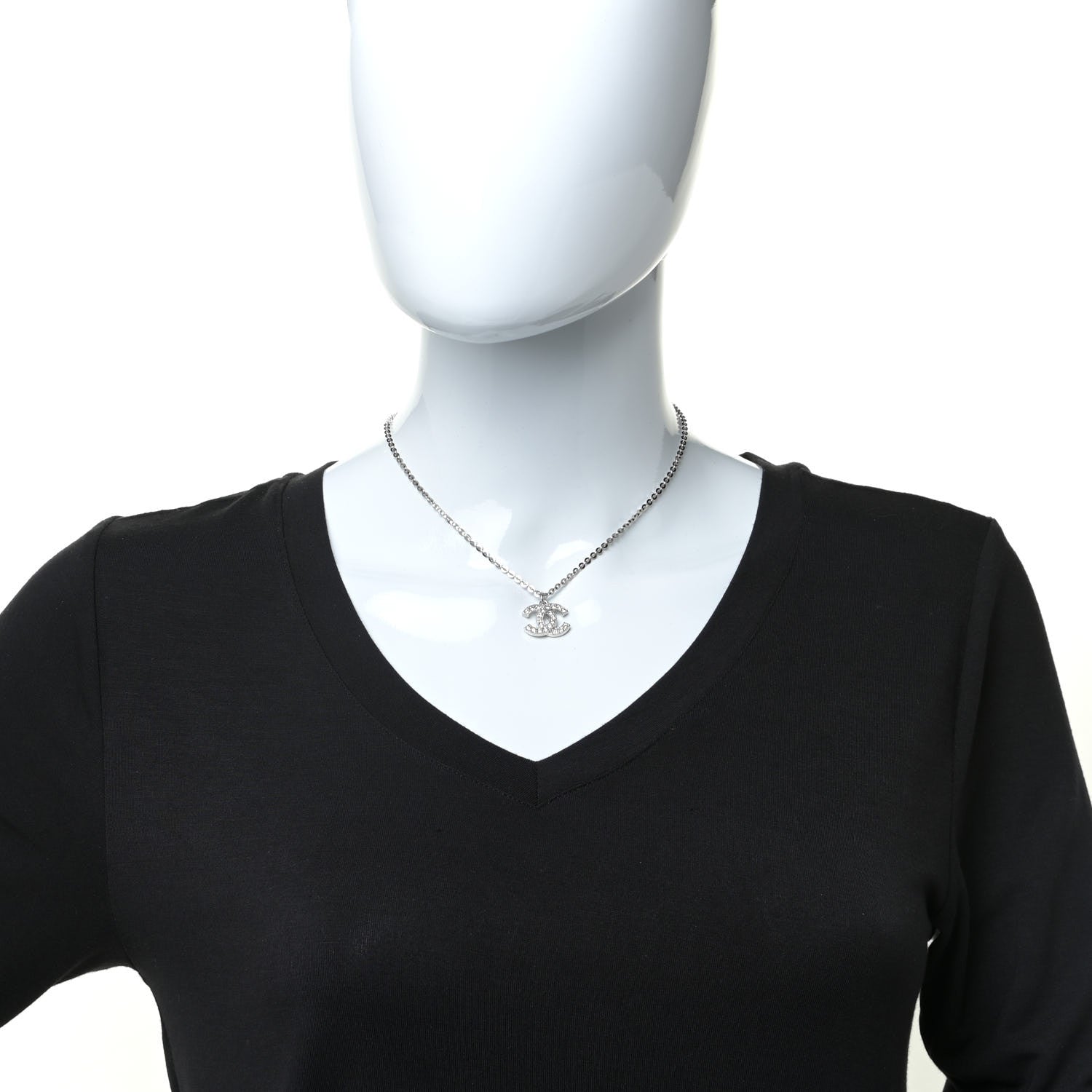 Chanel Crystal Pearl CC Pendant Necklace Silver Black 2 of 5