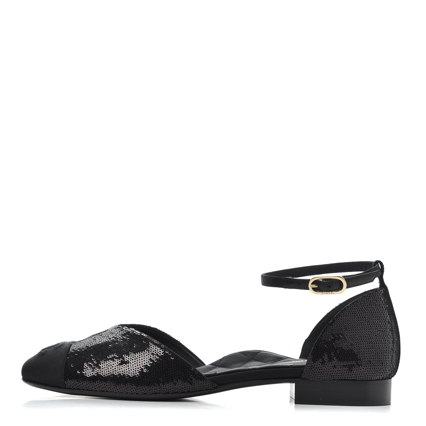 Sequin Grosgrain Cap Toe CC Ankle Strap Sandals 38 Black