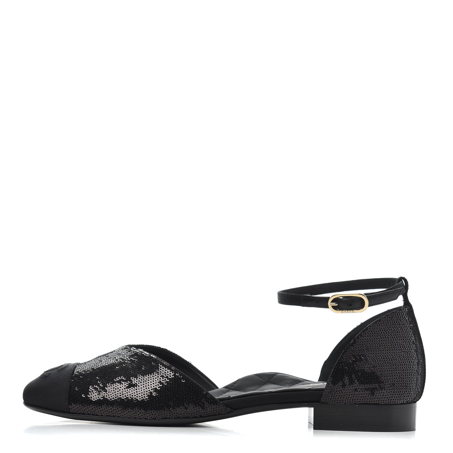 Chanel Sequin Grosgrain Cap Toe CC Ankle Strap Sandals 38 Black 1 of 9