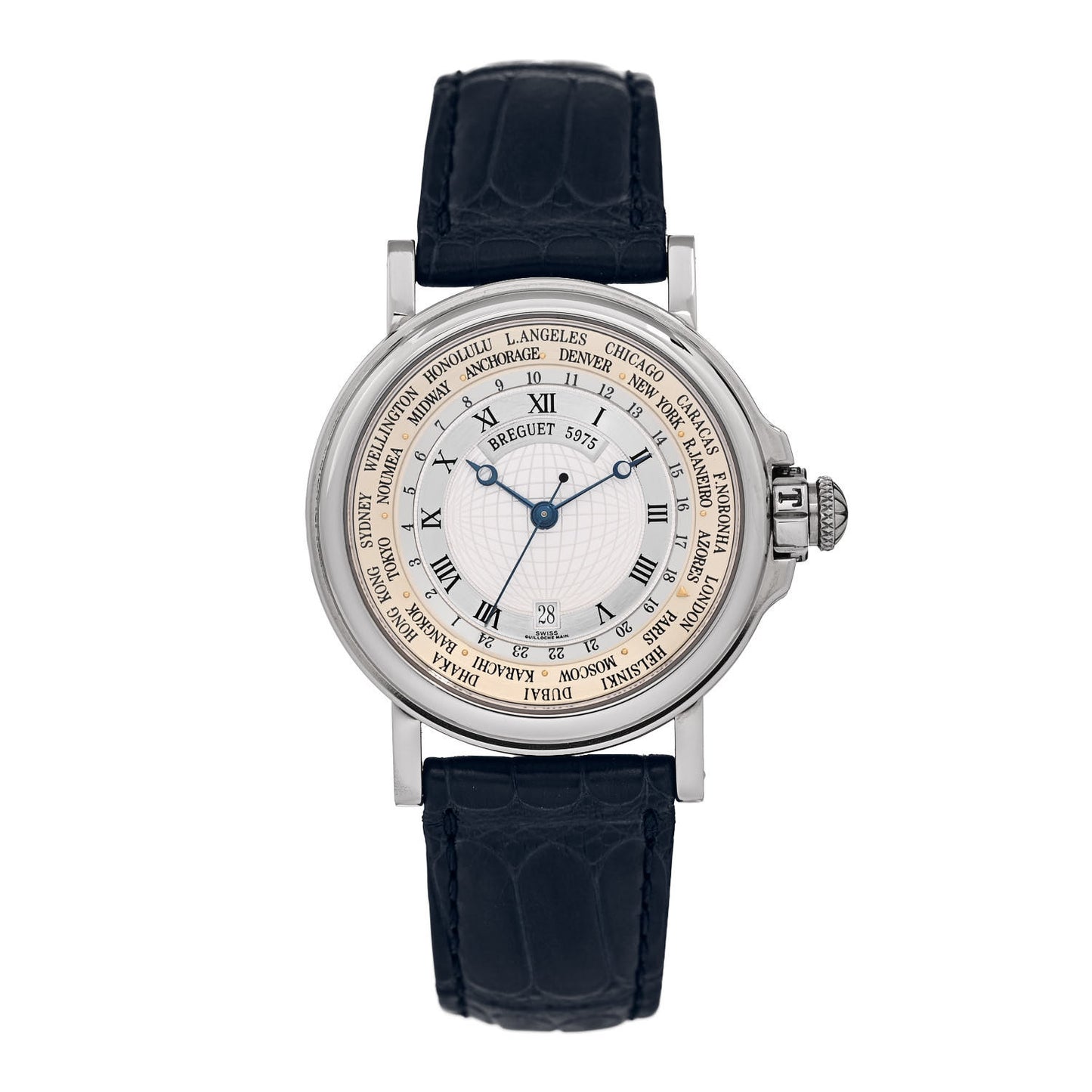 18K White Gold Alligator 38mm Hora Mundi Marine Time Automatic Watch Silver 3700
