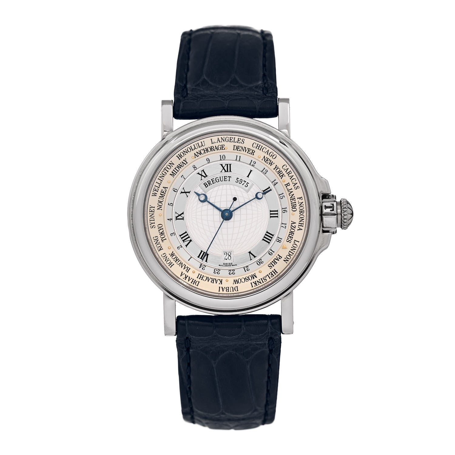 Breguet 18K White Gold Alligator 38mm Hora Mundi Marine Time Automatic Watch Silver 3700 1 of 5