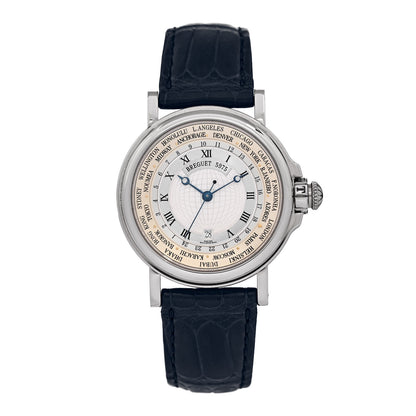 Breguet 18K White Gold Alligator 38mm Hora Mundi Marine Time Automatic Watch Silver 3700 1 of 5