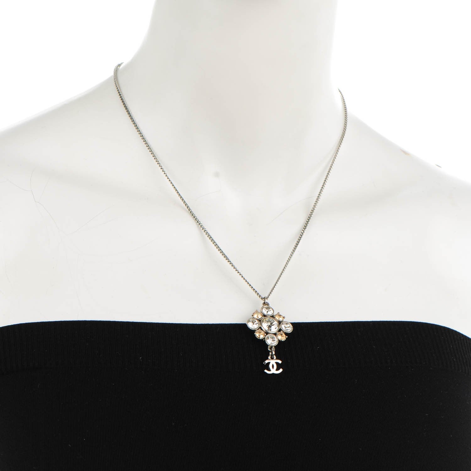 Chanel Crystal CC Pendant Necklace Silver 2 of 6