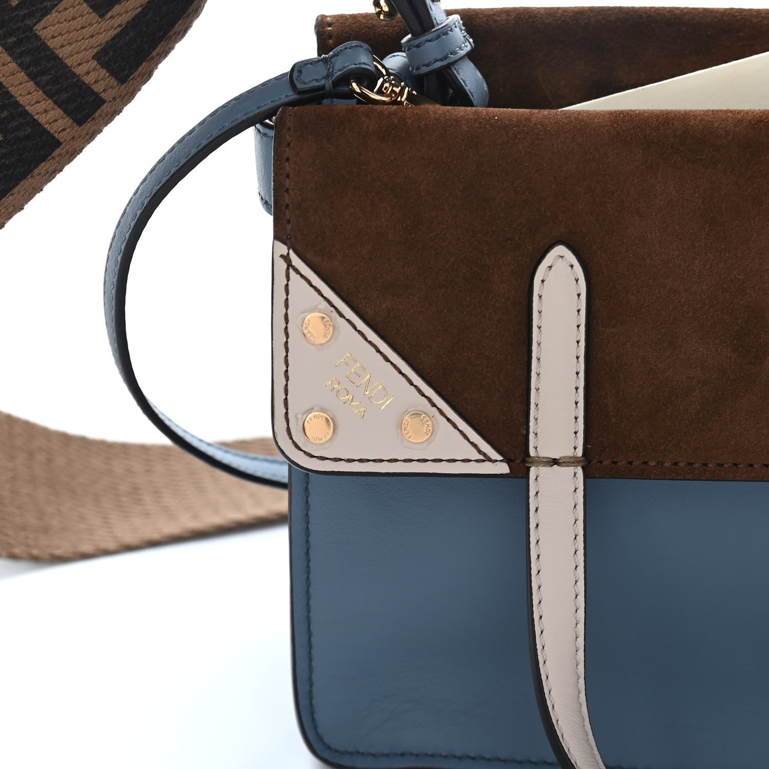 Fendi Vitello Grace Suede Small Flip Tote Azzurro Merlino Marrone Camelia 6 of 9