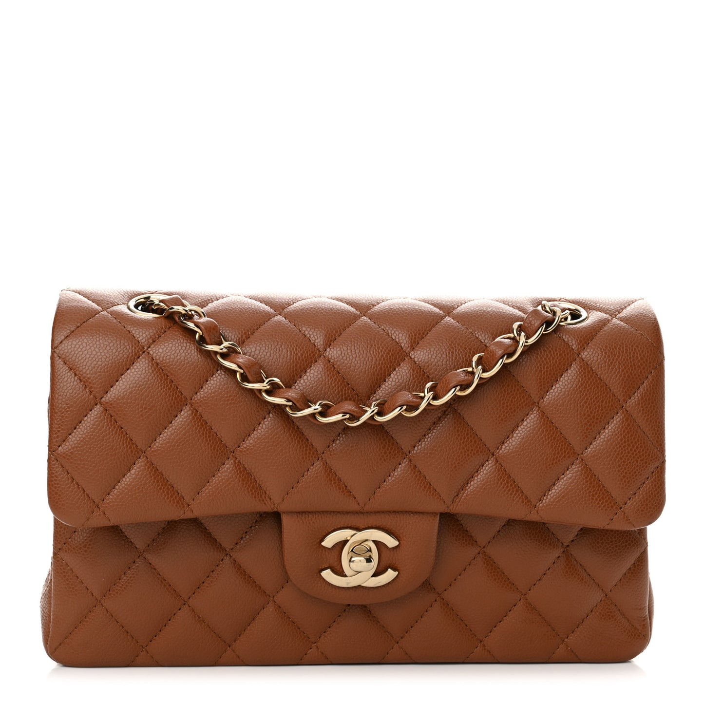 Caviar Quilted Small Double Flap Light Brown