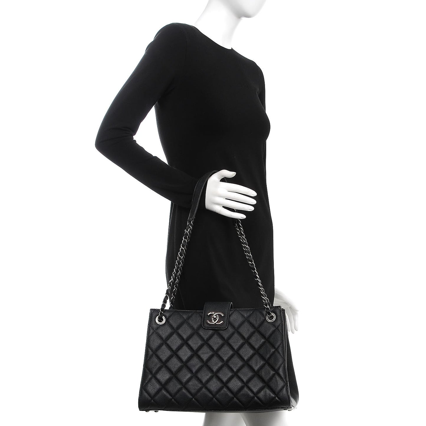 Caviar Quilted Large CC Accordion Shopping Bag Black