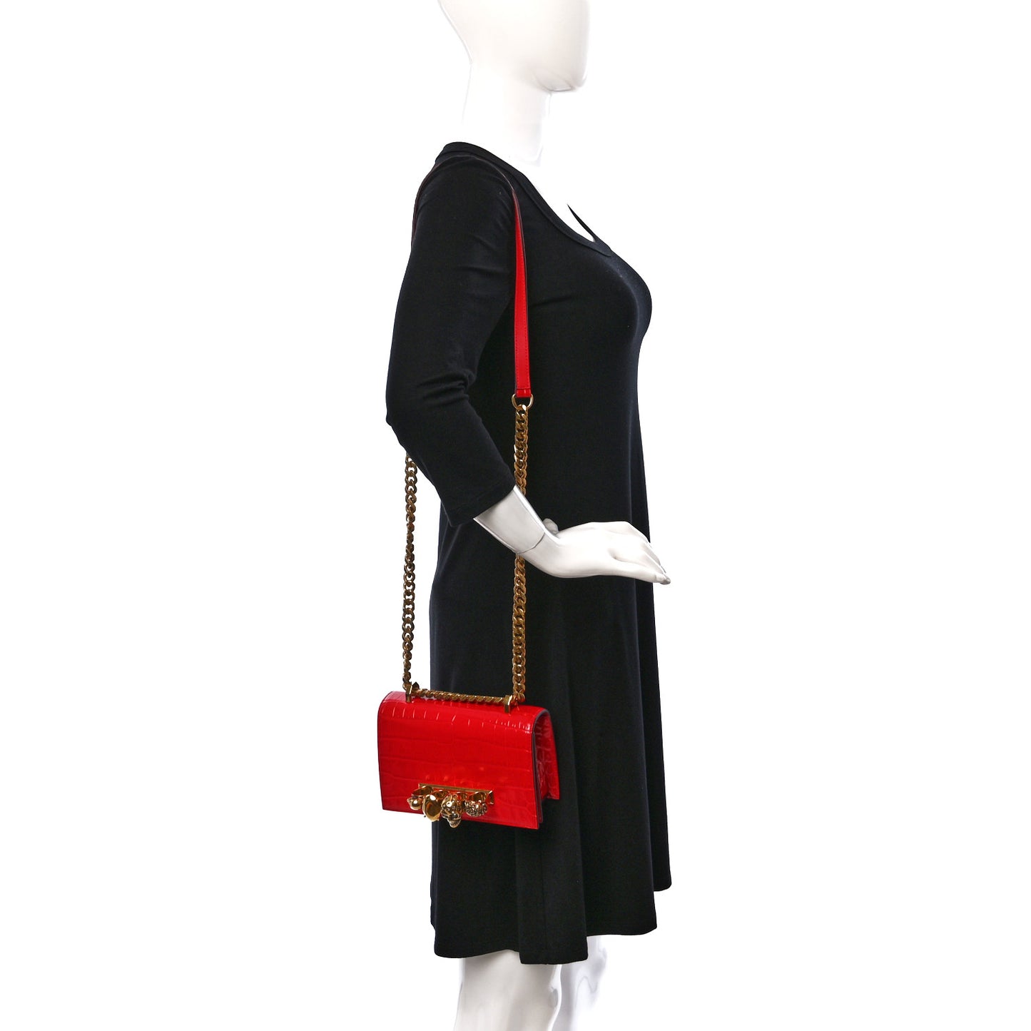 Calfskin Crocodile Embossed Mini Jeweled Satchel Red