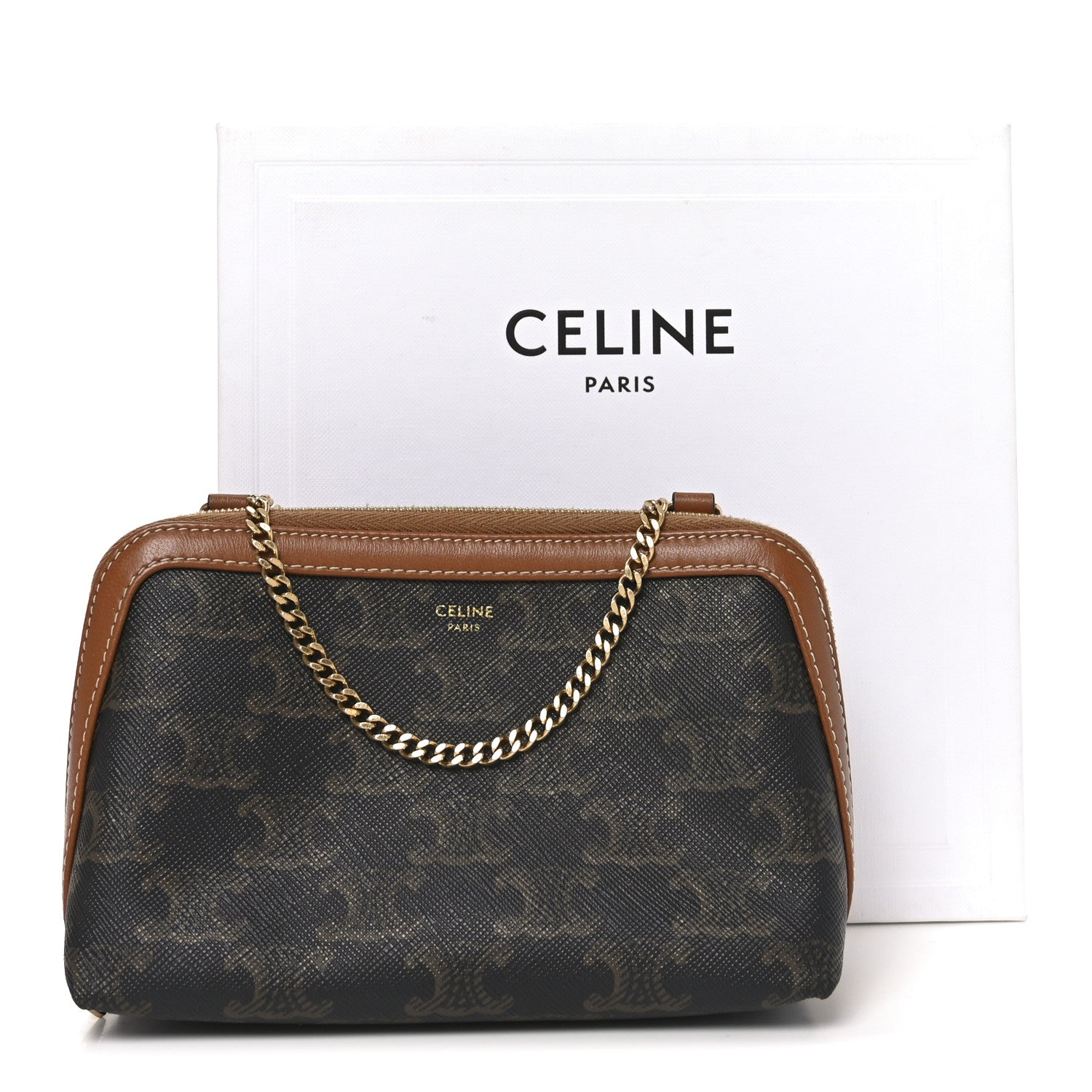 Celine Triomphe Canvas Lambskin Clutch On Chain Tan 1831867