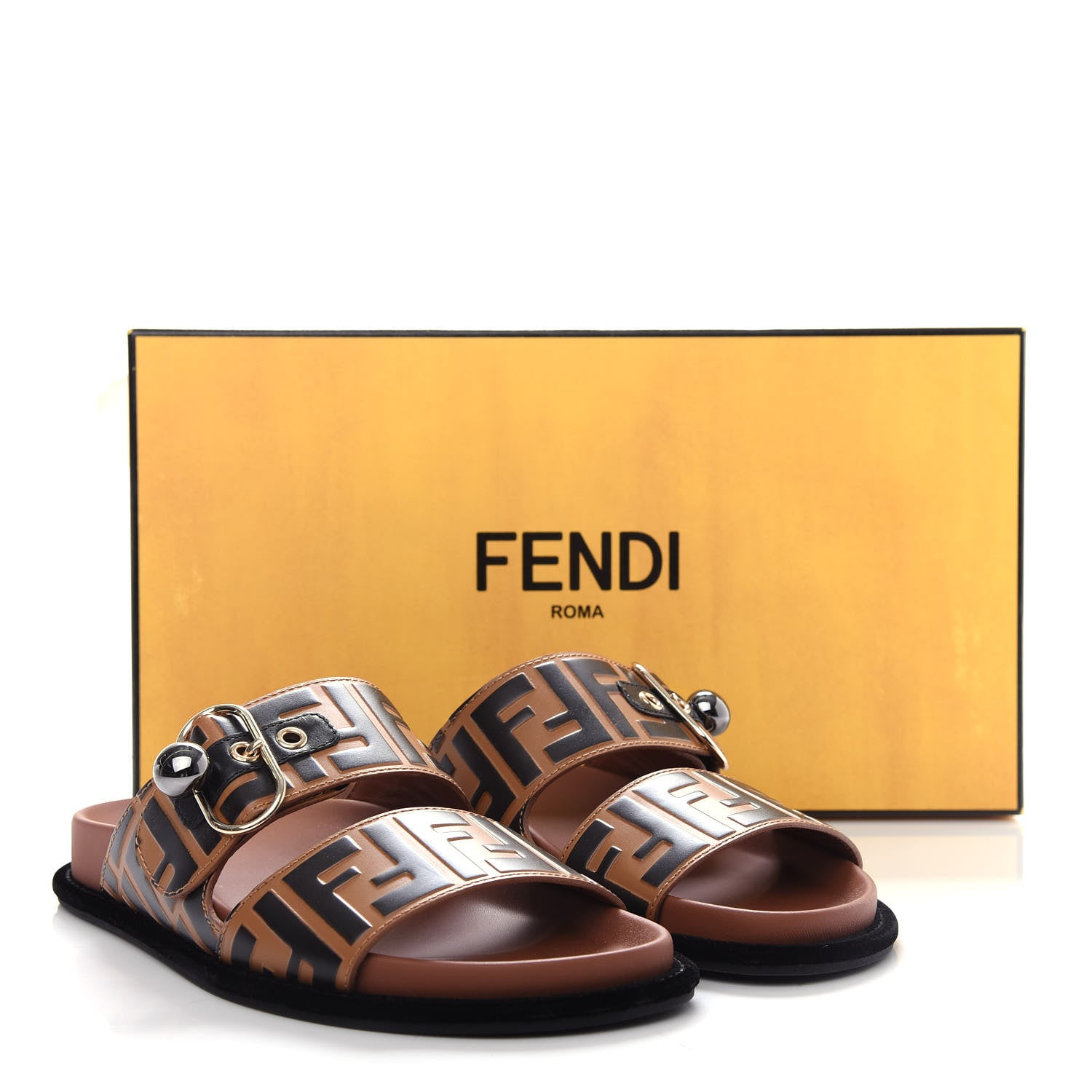 Fendi Calfskin FF Embossed Pearland Slide Sandals 37 Tobacco Moro 11 of 11