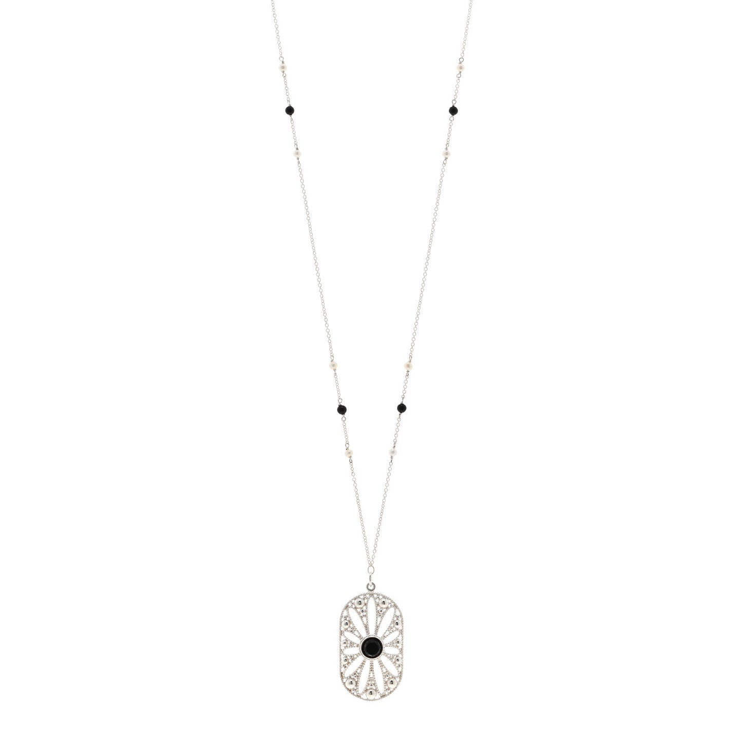 Sterling Silver Black Onyx Pearl Ziegfeld Daisy Pendant Necklace