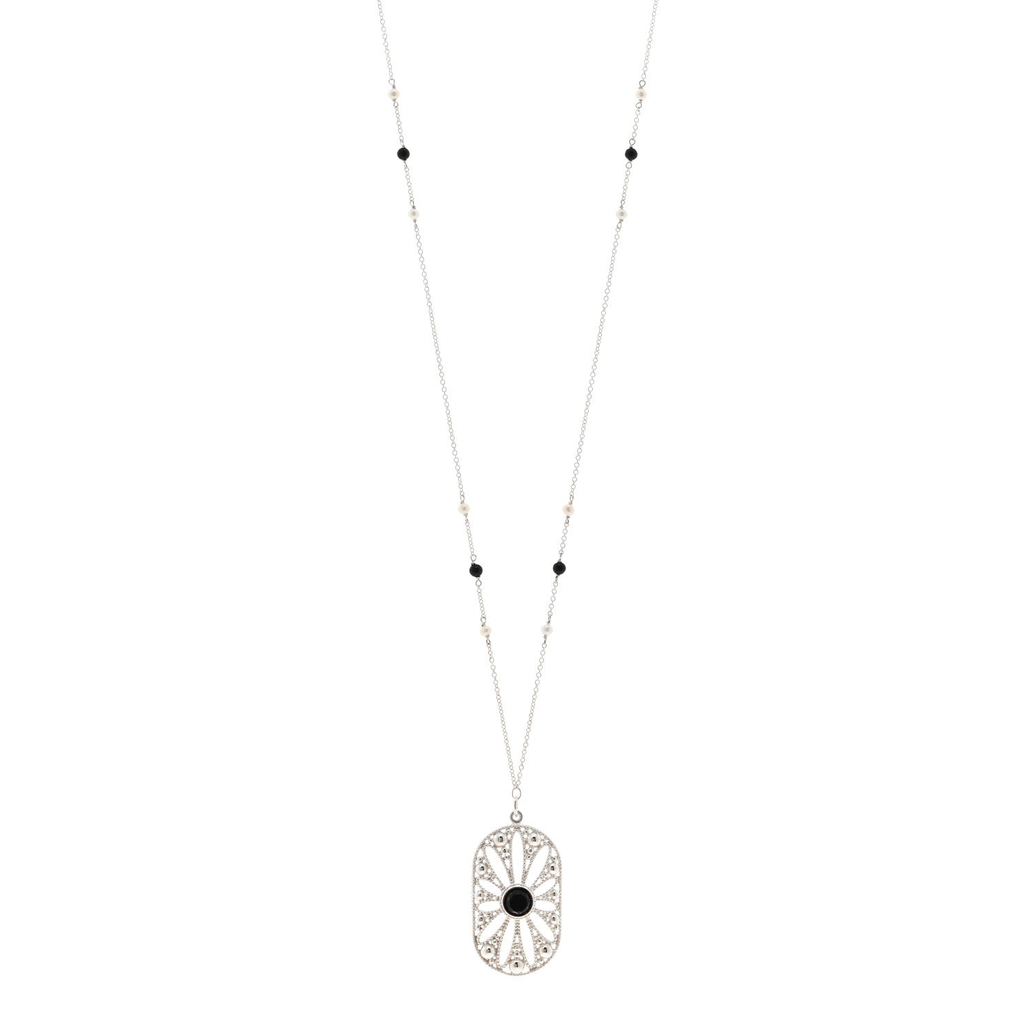 Tiffany Sterling Silver Black Onyx Pearl Ziegfeld Daisy Pendant Necklace 1 of 4