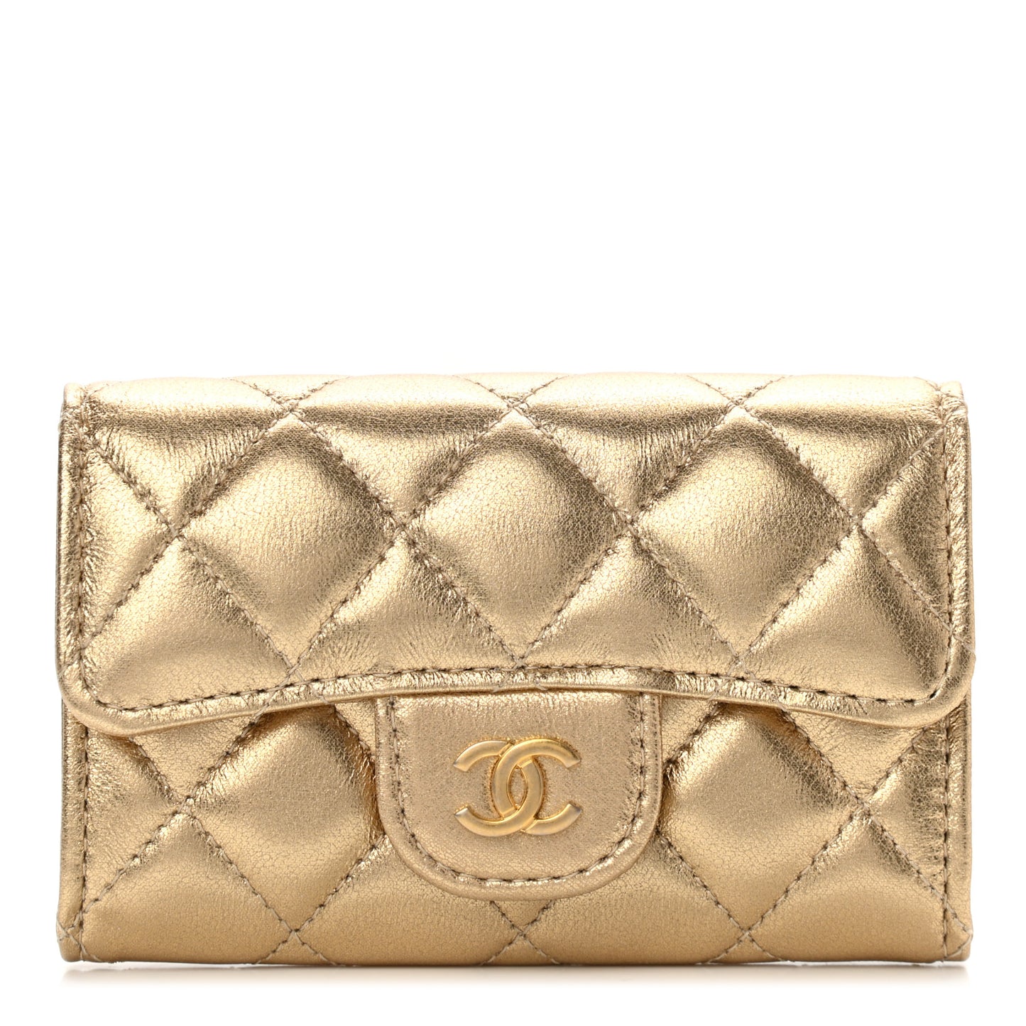 Metallic Lambskin Quilted Flap Card Holder Wallet Gold