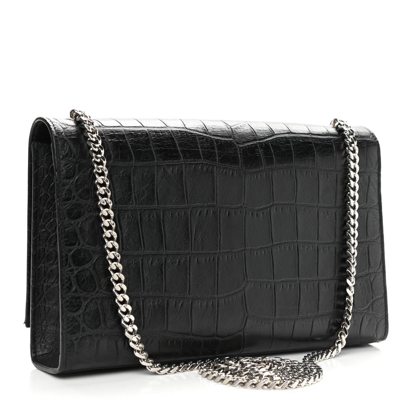 Calfskin Crocodile Embossed Medium Classic Monogram Kate Tassel Satchel Black