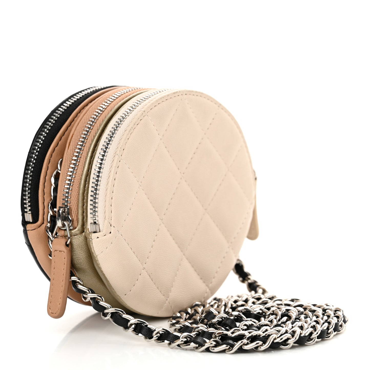 Lambskin Quilted Round Clutch With Multicolor  Black Beige Gold White