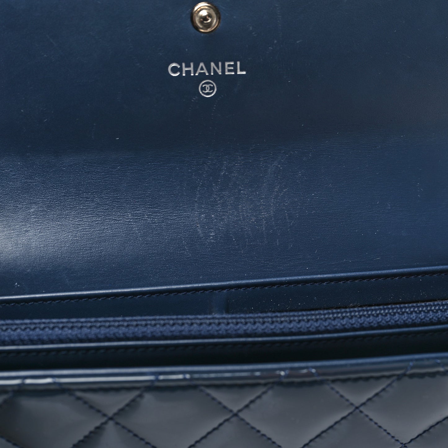 Patent Quilted Large Flap Wallet Navy