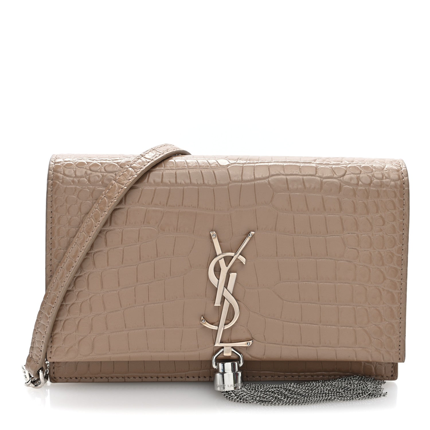 Saint Laurent Calfskin Crocodile Embossed Kate Monogram Tassel Chain Wallet Dark Beige Dark Beige 7 of 9