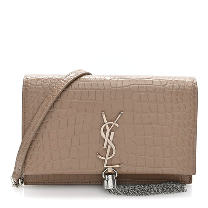 Saint Laurent Calfskin Crocodile Embossed Kate Monogram Tassel Chain Wallet Dark Beige Dark Beige 7 of 9