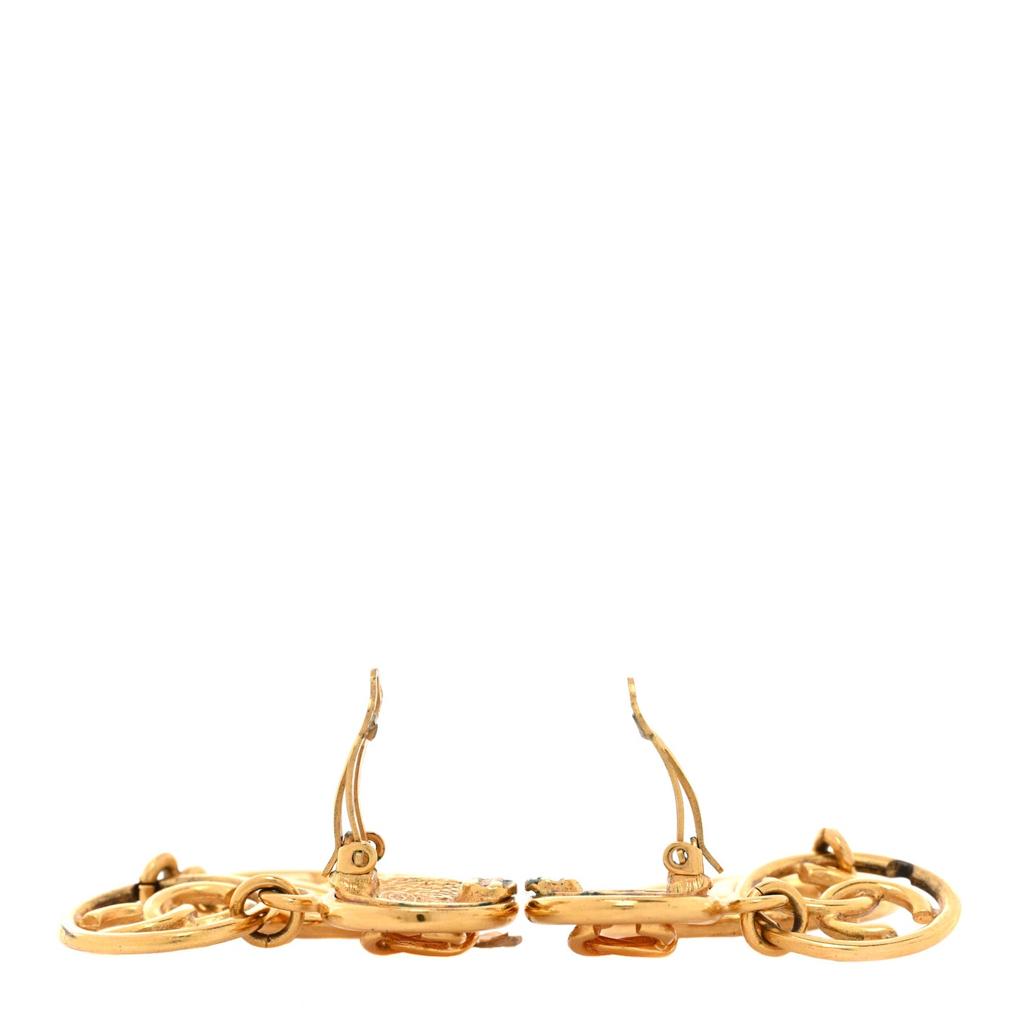 Metal CC Circle Long Drop Clip On Earrings Gold