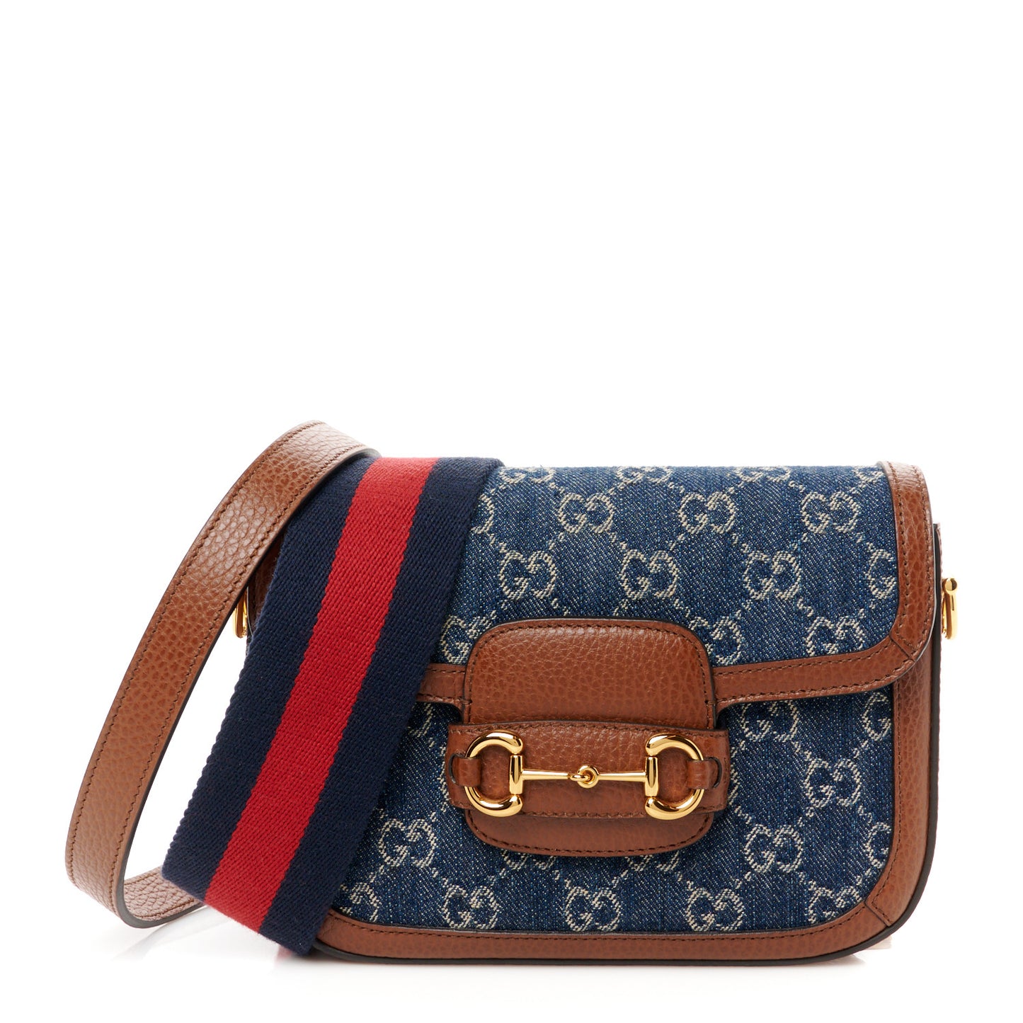 New Denim GG Monogram Dollar Calfskin Web Mini Horsebit 1955 Shoulder Bag Blue Tea Cuir Epilog