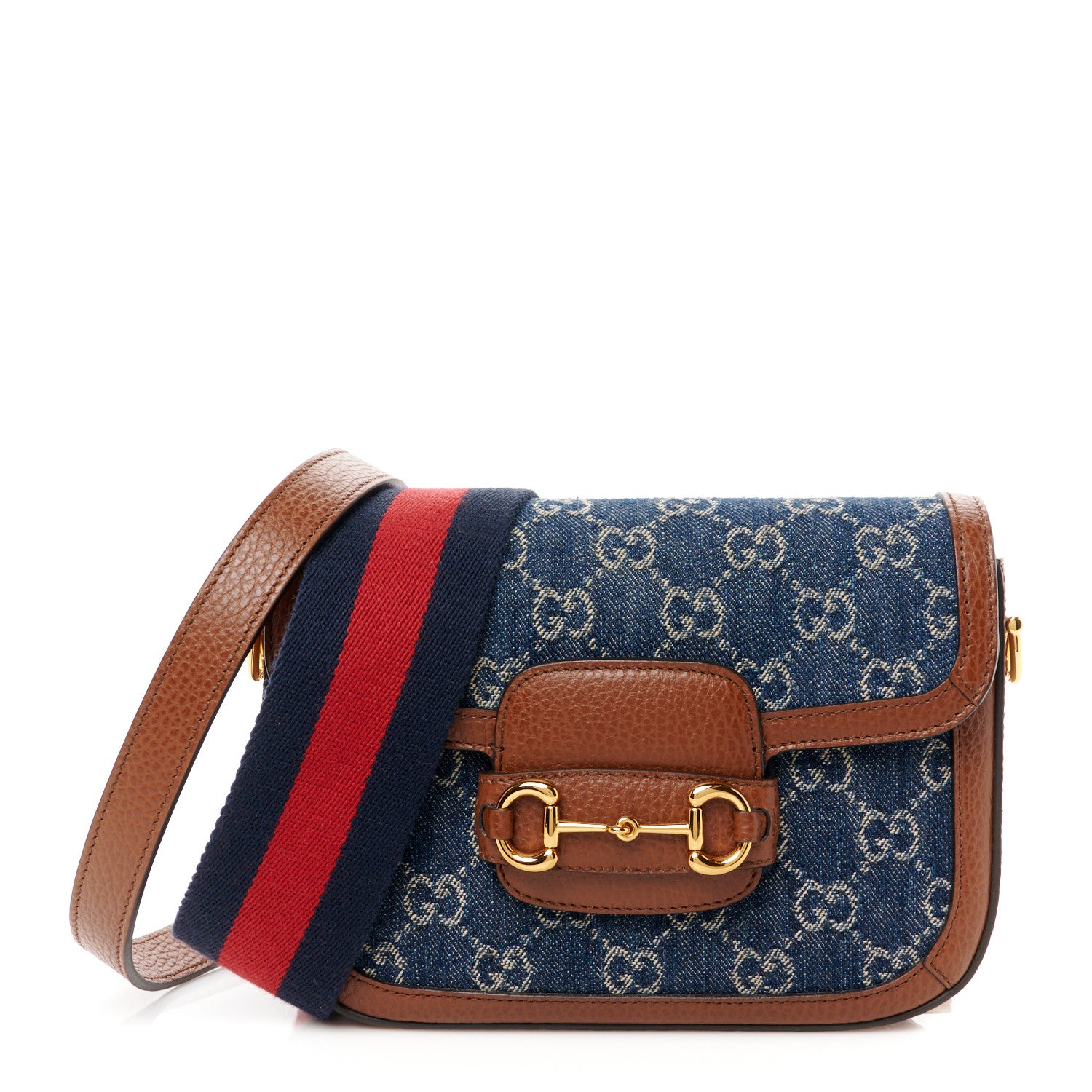 Gucci New Denim GG Monogram Dollar Calfskin Web Mini Horsebit 1955 Shoulder Bag Blue Tea Cuir Epilog 1 of 12