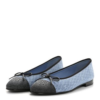 Chanel Denim Printed Quilt CC Cap Toe Ballerina Flats 38 Light Blue Dark Grey 4 of 9