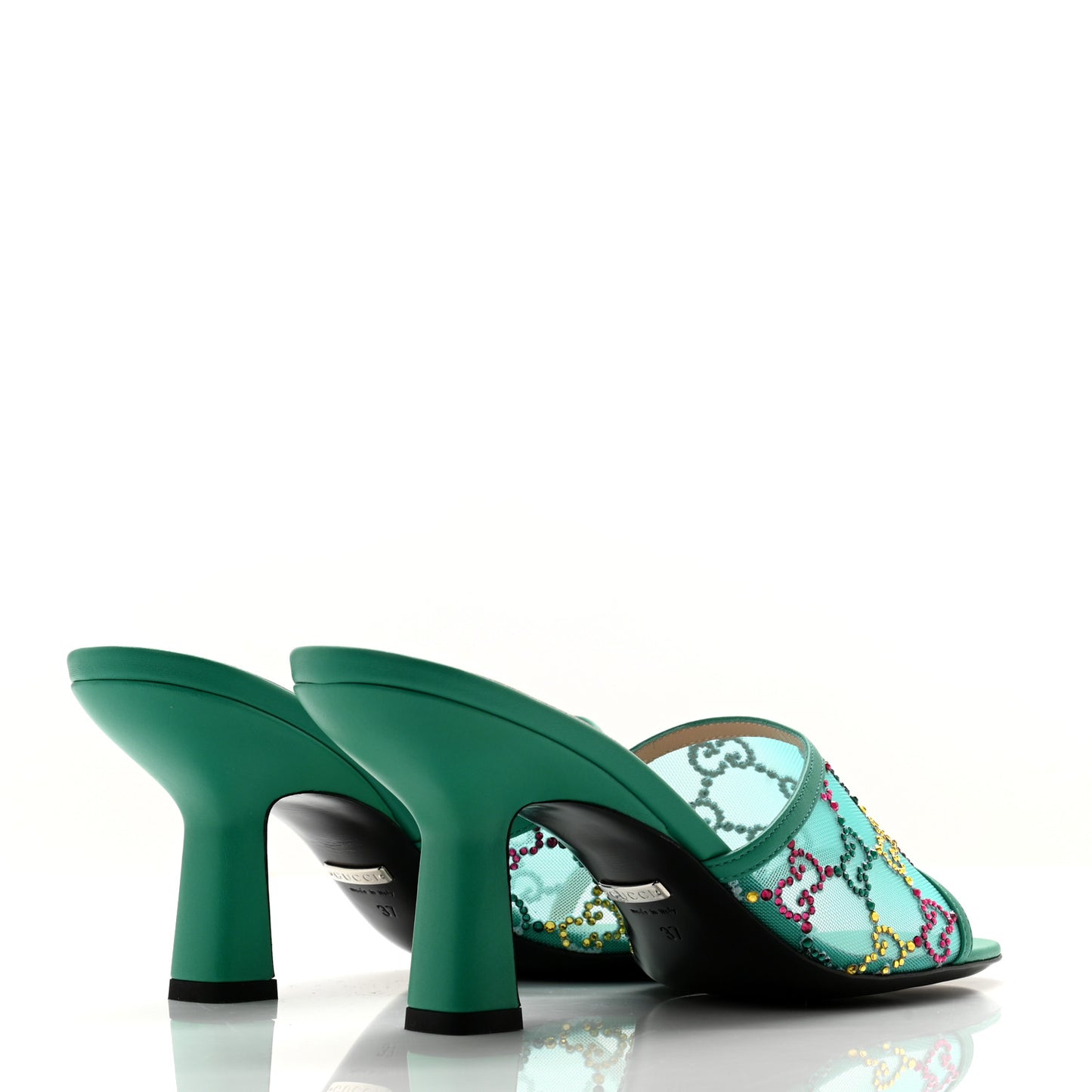 Tela Retino Nappa Crystal GG Monogram Square G 95mm Slide Sandals 37 Turquoise