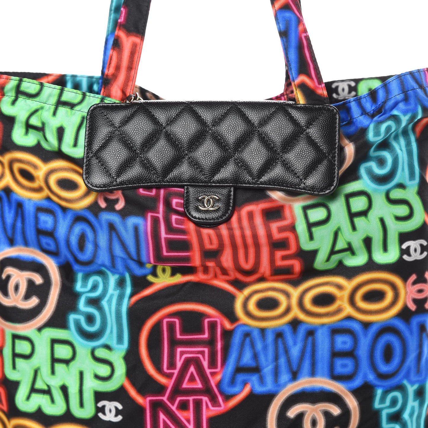 Caviar Fabric Graffiti Foldable Tote Bag With Chain Black Multicolor