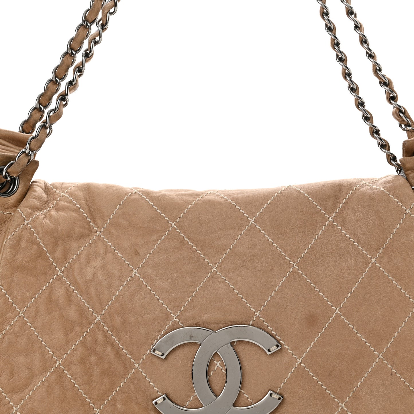 Lambskin Contrast Stitch Surpique Accordion Flap Beige